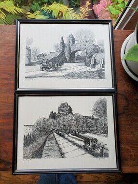 Vintage Quebec City Pen and Ink Prints Set of 2 by J Rousseau